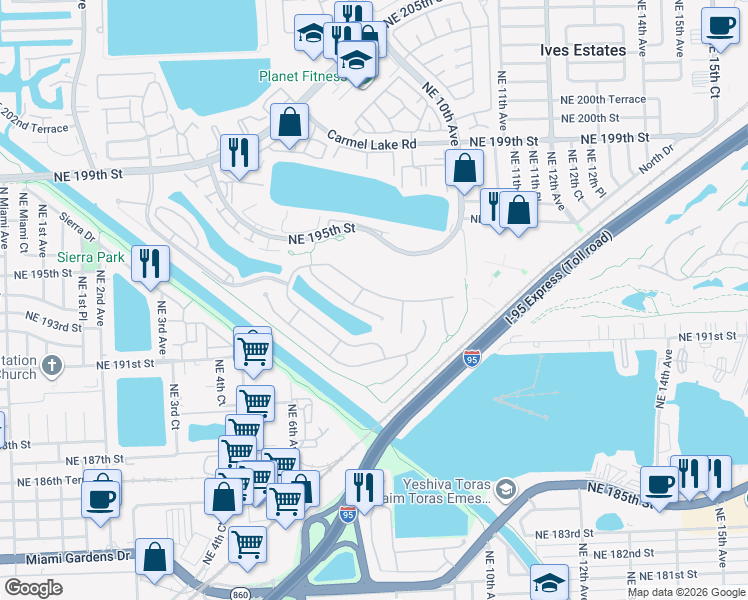 map of restaurants, bars, coffee shops, grocery stores, and more near 771 Northeast 193rd Terrace in Miami
