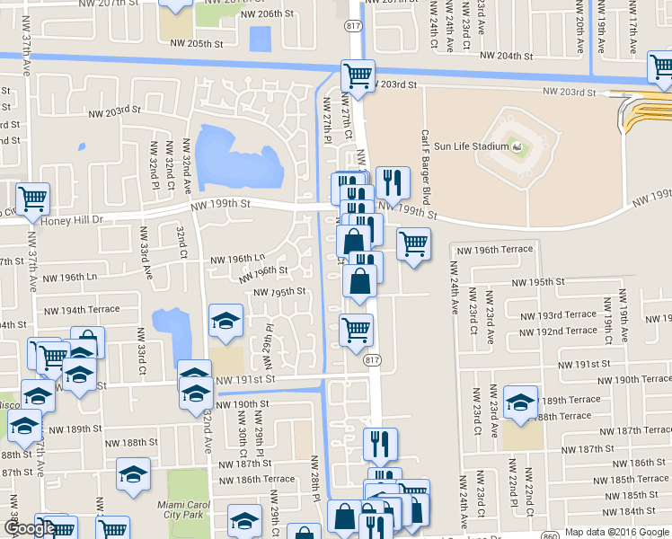 map of restaurants, bars, coffee shops, grocery stores, and more near 19665 Northwest 27th Court in Miami Gardens