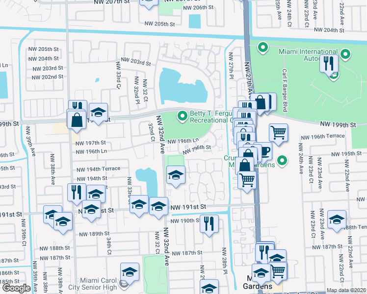 map of restaurants, bars, coffee shops, grocery stores, and more near 19623 Northwest 30th Place in Miami Gardens