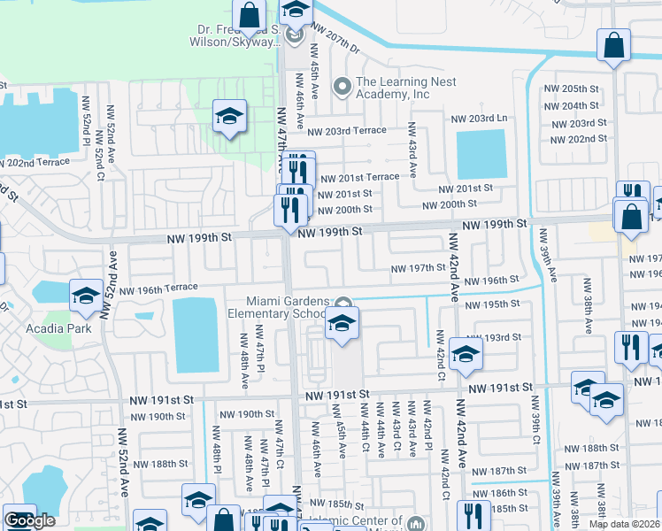 map of restaurants, bars, coffee shops, grocery stores, and more near 19710 Northwest 44th Place in Miami Gardens