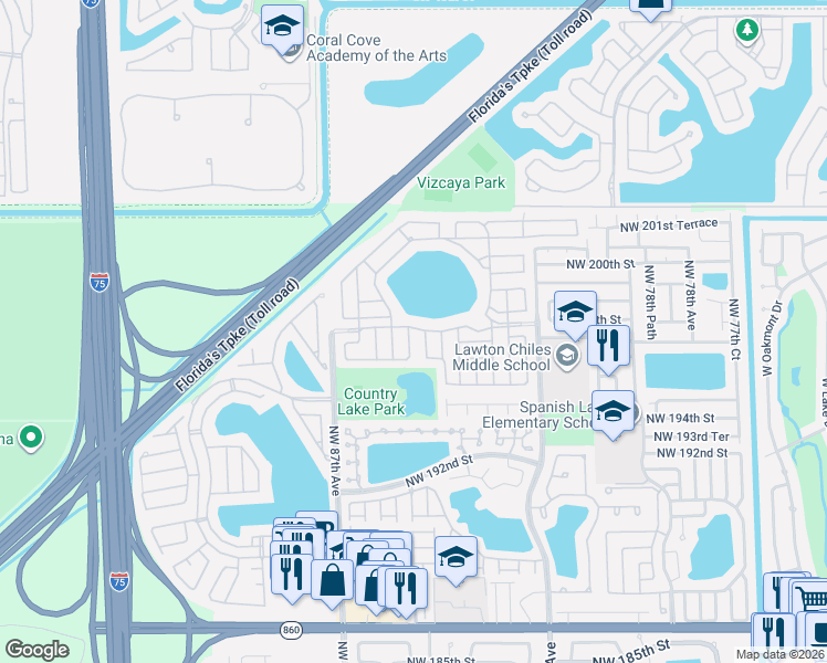 map of restaurants, bars, coffee shops, grocery stores, and more near 8491 Northwest 197th Terrace in Hialeah