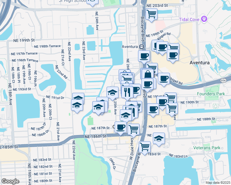 map of restaurants, bars, coffee shops, grocery stores, and more near 2499 Northeast 192 Street in Miami