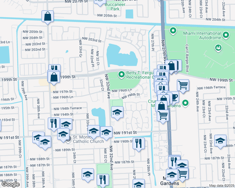 map of restaurants, bars, coffee shops, grocery stores, and more near 3121 Northwest 196th Street in Miami Gardens