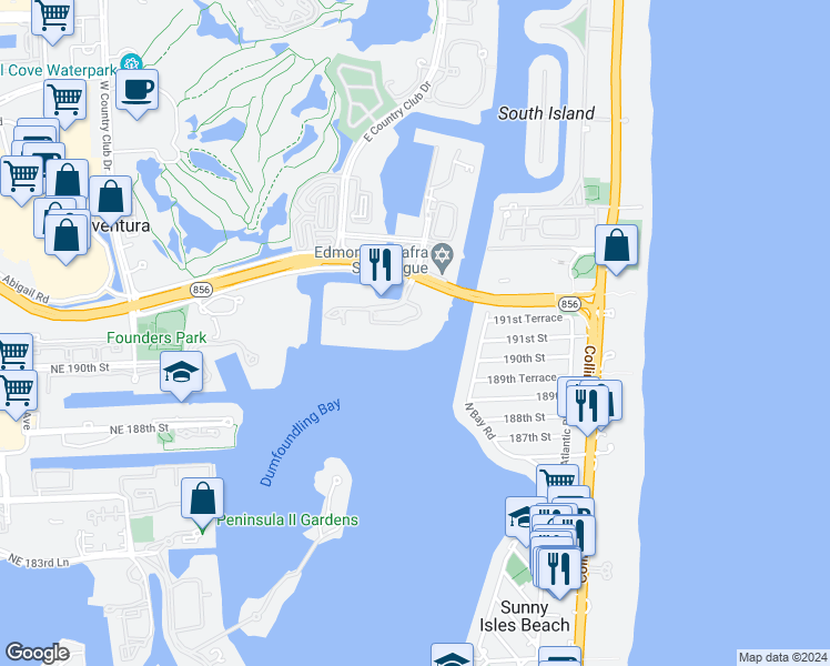 map of restaurants, bars, coffee shops, grocery stores, and more near 3595 Mystic Pointe Drive in Aventura