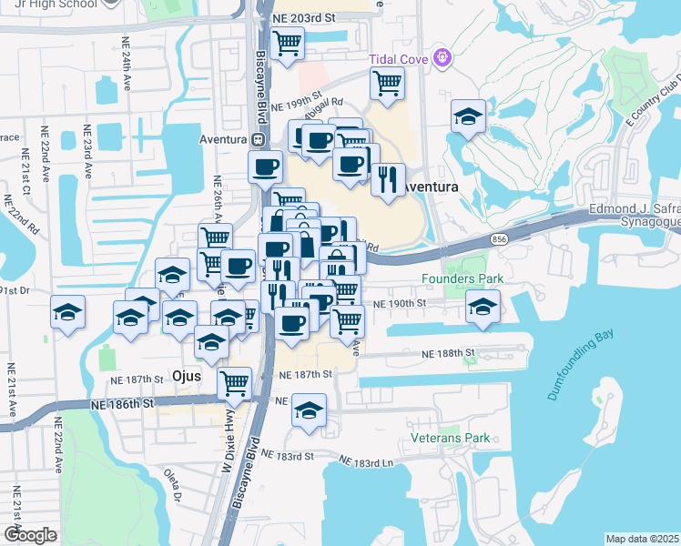 map of restaurants, bars, coffee shops, grocery stores, and more near 2875 Northeast 191st Street in Aventura