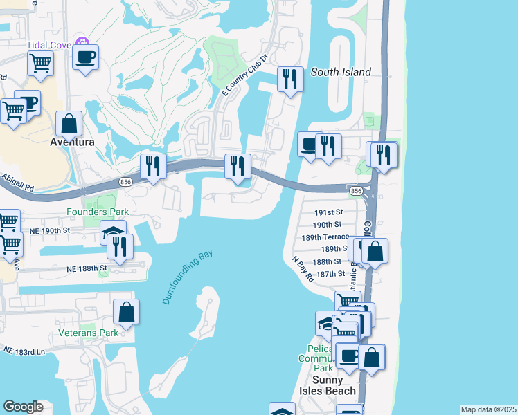 map of restaurants, bars, coffee shops, grocery stores, and more near 19101 Mystic Pointe Drive in Aventura