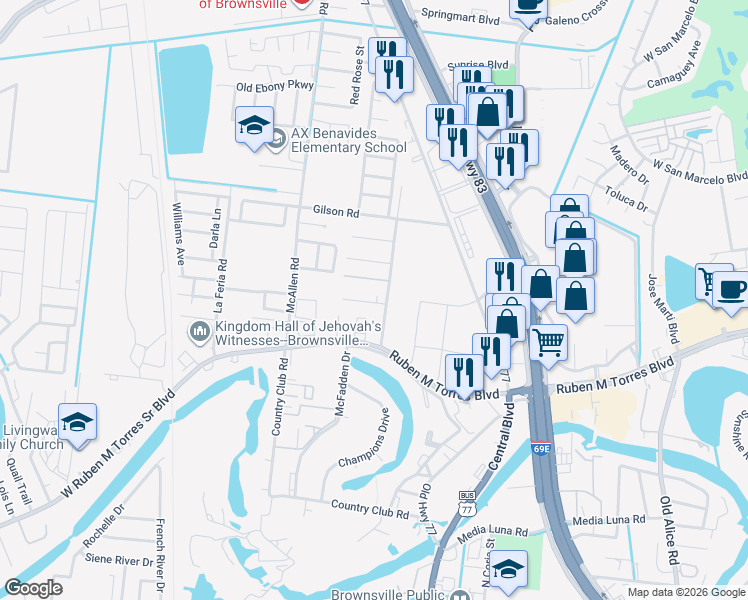 map of restaurants, bars, coffee shops, grocery stores, and more near 451 Dulce Street in Brownsville