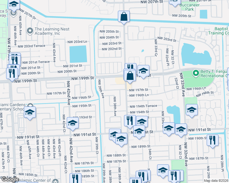 map of restaurants, bars, coffee shops, grocery stores, and more near 3765 Northwest 197th Street in Miami Gardens