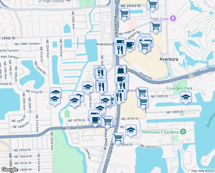map of restaurants, bars, coffee shops, grocery stores, and more near 19251 West Dixie Highway in Miami