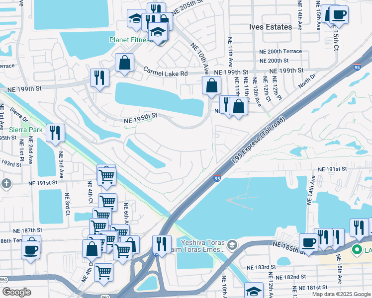 map of restaurants, bars, coffee shops, grocery stores, and more near 867 Northeast 193rd Terrace in Miami