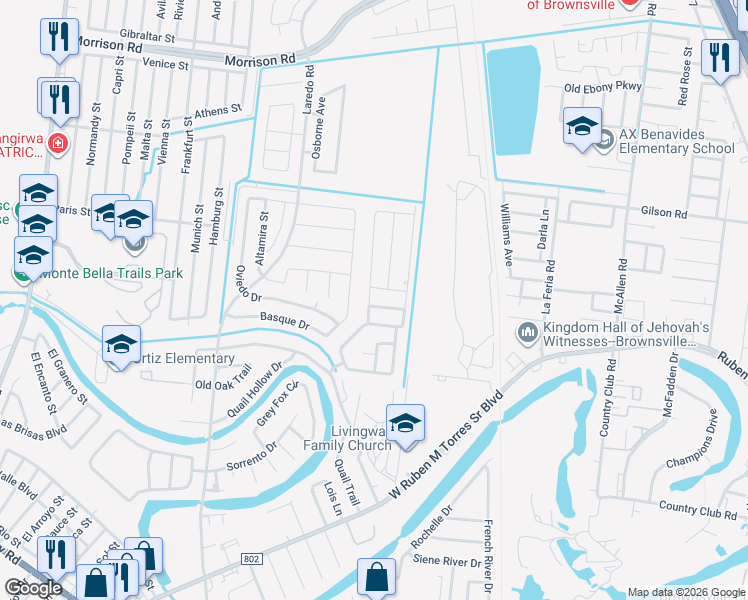 map of restaurants, bars, coffee shops, grocery stores, and more near 3824 North Shore Trail in Brownsville