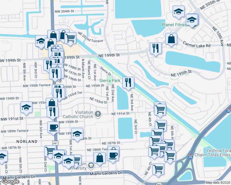 map of restaurants, bars, coffee shops, grocery stores, and more near 19305 Northeast 2nd Avenue in Miami