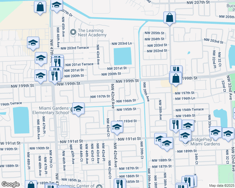 map of restaurants, bars, coffee shops, grocery stores, and more near 19700 Northwest 41st Avenue in Miami Gardens