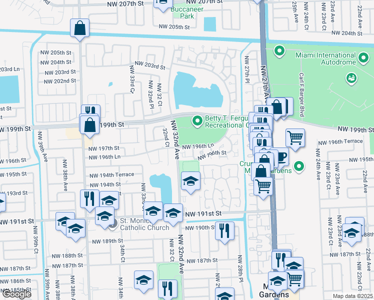 map of restaurants, bars, coffee shops, grocery stores, and more near 3121 Northwest 196th Street in Miami Gardens