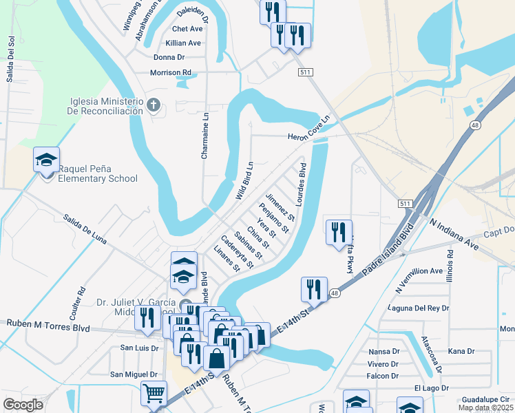 map of restaurants, bars, coffee shops, grocery stores, and more near 6335 Penjamo Street in Brownsville