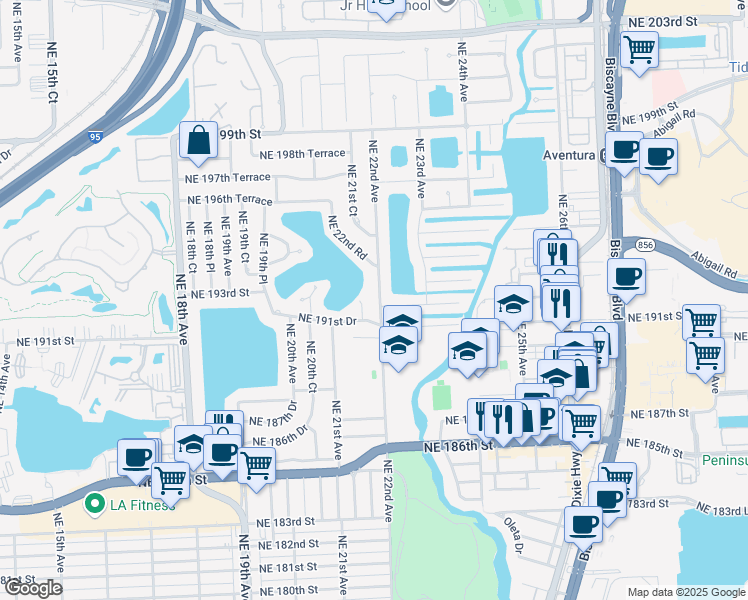 map of restaurants, bars, coffee shops, grocery stores, and more near 19230 Northeast 22nd Avenue in Miami