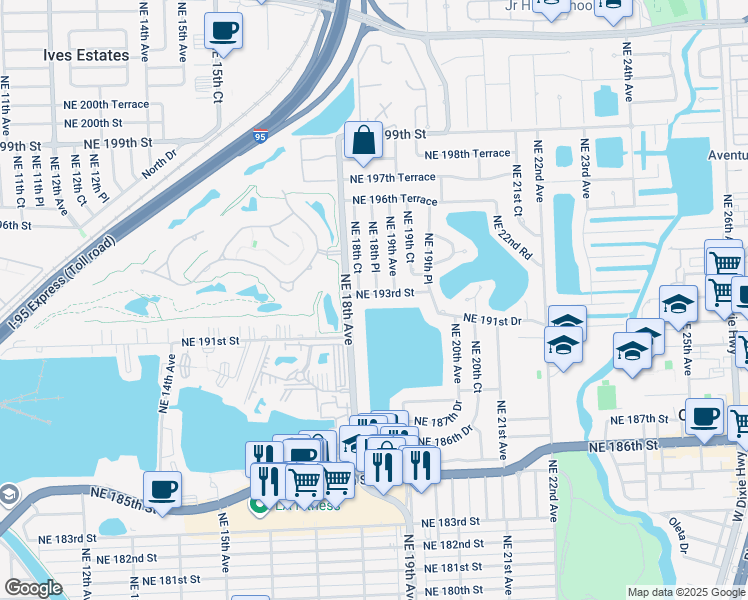 map of restaurants, bars, coffee shops, grocery stores, and more near 1830 Northeast 193rd Street in Miami