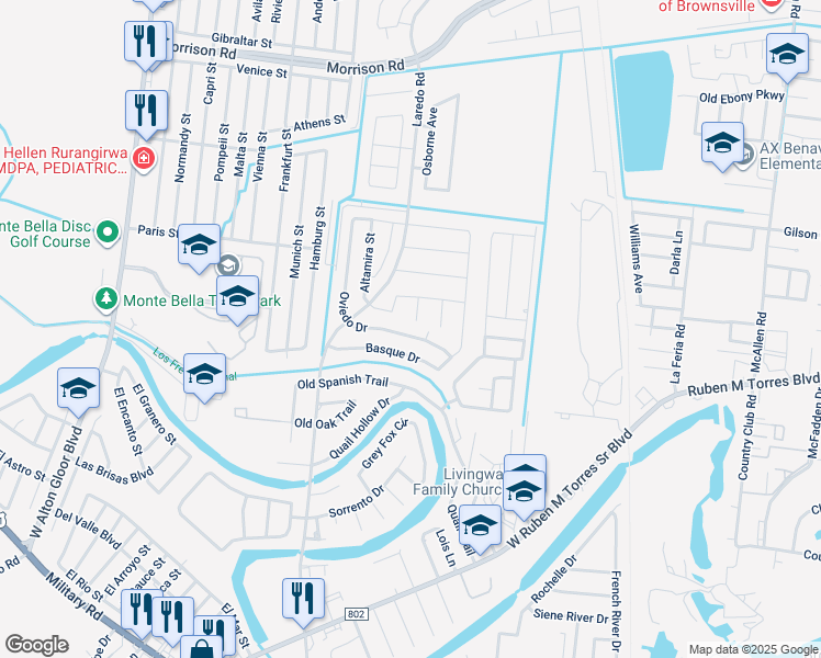 map of restaurants, bars, coffee shops, grocery stores, and more near 3536 Oviedo Drive in Brownsville