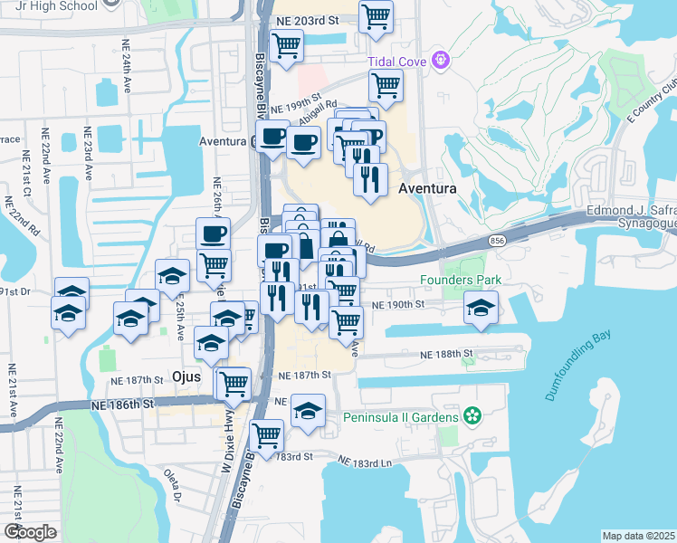map of restaurants, bars, coffee shops, grocery stores, and more near 2875 Northeast 191st Street in Aventura