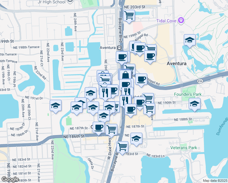 map of restaurants, bars, coffee shops, grocery stores, and more near 19251 West Dixie Highway in Miami