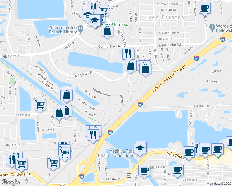map of restaurants, bars, coffee shops, grocery stores, and more near 867 Northeast 193rd Terrace in Miami