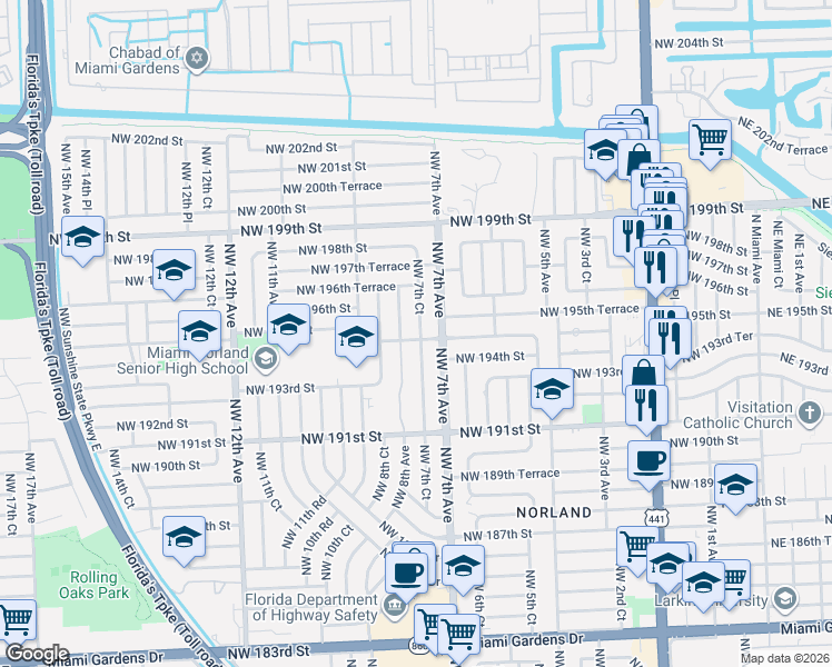 map of restaurants, bars, coffee shops, grocery stores, and more near 19440 Northwest 7th Avenue in Miami