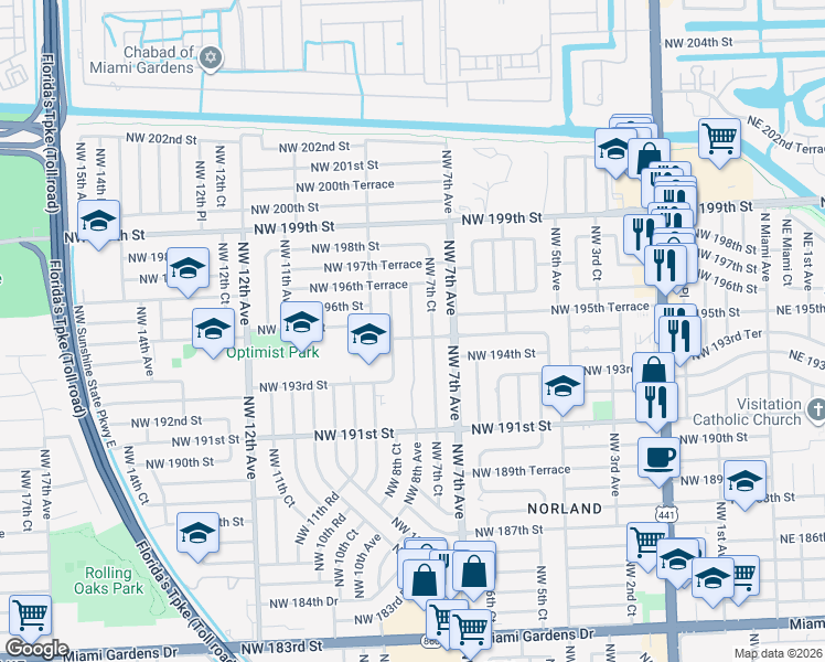 map of restaurants, bars, coffee shops, grocery stores, and more near 19500 Northwest 8th Avenue in Miami