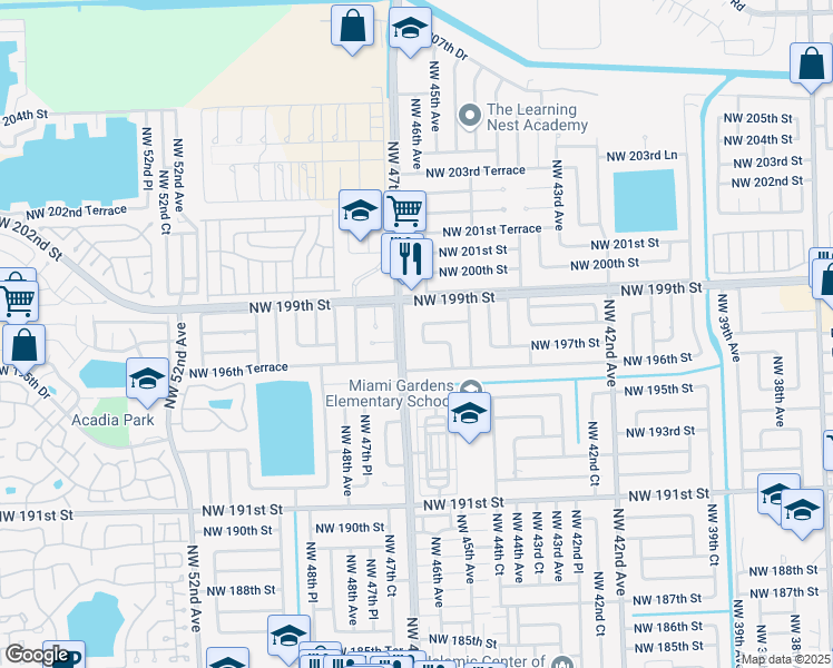 map of restaurants, bars, coffee shops, grocery stores, and more near 4530 Northwest 198th Street in Miami Gardens