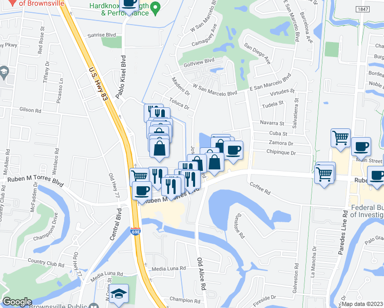 map of restaurants, bars, coffee shops, grocery stores, and more near 494 Jose Marti Boulevard in Brownsville