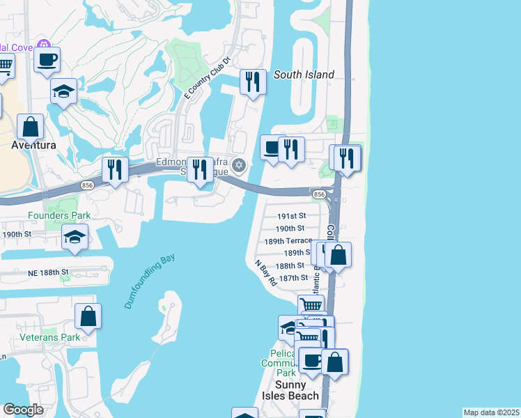 map of restaurants, bars, coffee shops, grocery stores, and more near 19120 North Bay Road in Sunny Isles Beach