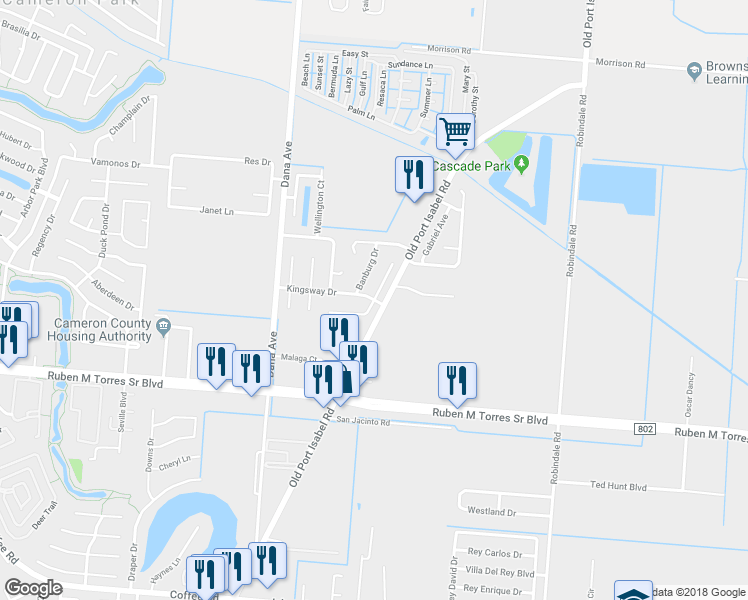map of restaurants, bars, coffee shops, grocery stores, and more near 3101 North Buckingham Court in Brownsville