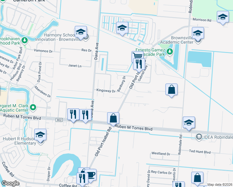 map of restaurants, bars, coffee shops, grocery stores, and more near 3592 Kingsway Drive in Brownsville