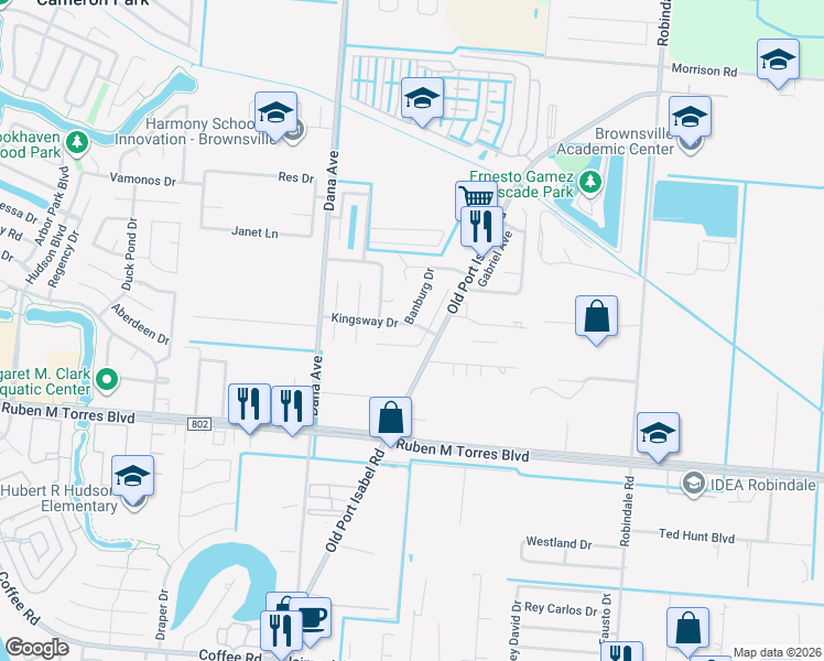 map of restaurants, bars, coffee shops, grocery stores, and more near 3592 Kingsway Drive in Brownsville