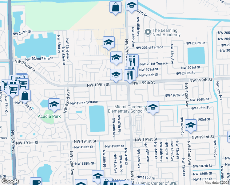 map of restaurants, bars, coffee shops, grocery stores, and more near 19710 Northwest 47th Place in Miami Gardens