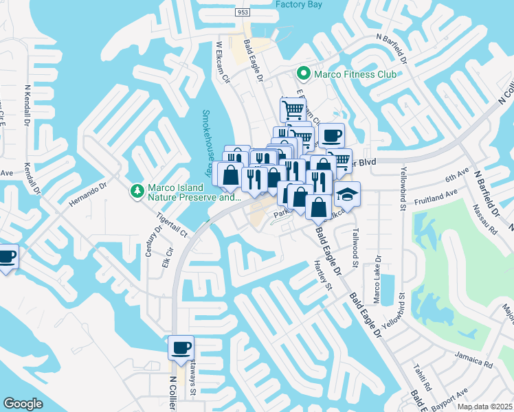 map of restaurants, bars, coffee shops, grocery stores, and more near 899 North Collier Boulevard in Marco Island