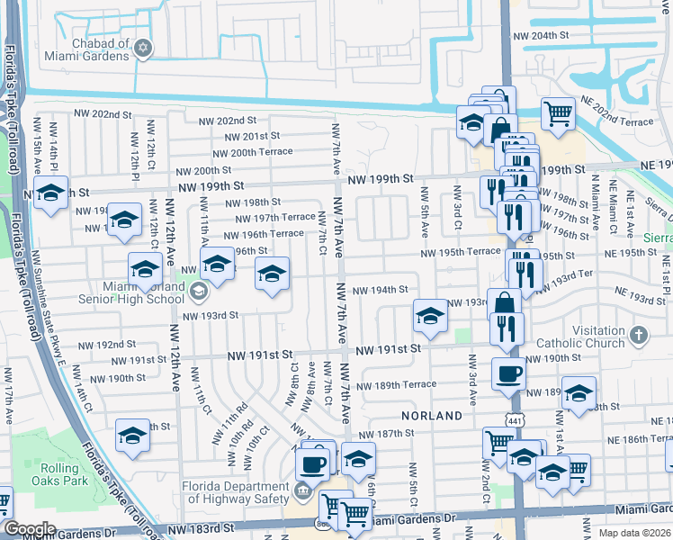 map of restaurants, bars, coffee shops, grocery stores, and more near 19440 Northwest 7th Avenue in Miami