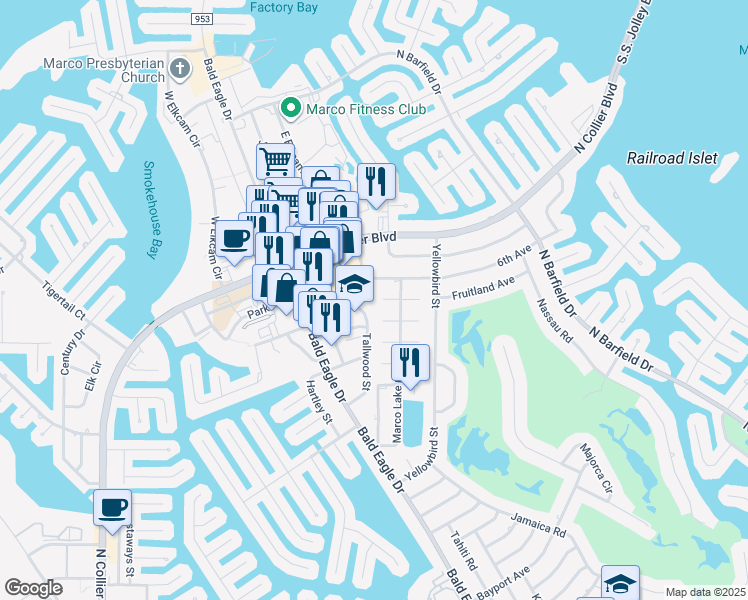 map of restaurants, bars, coffee shops, grocery stores, and more near 601 East Elkcam Circle in Marco Island