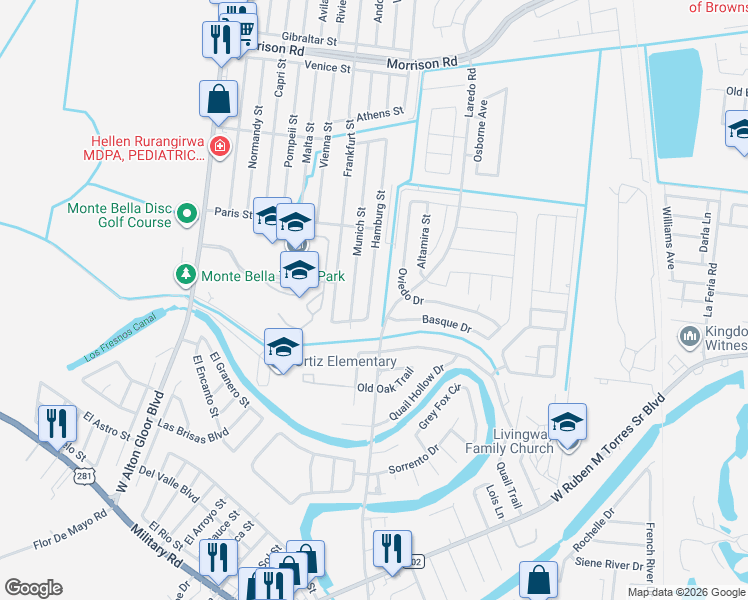 map of restaurants, bars, coffee shops, grocery stores, and more near 2344 Hamburg St in Brownsville