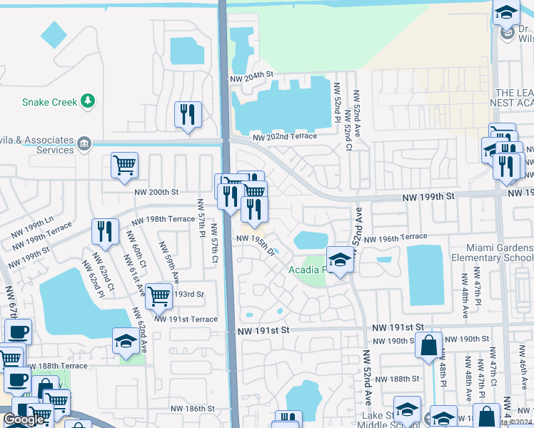map of restaurants, bars, coffee shops, grocery stores, and more near 19805 Northwest 54th Place in Miami Gardens