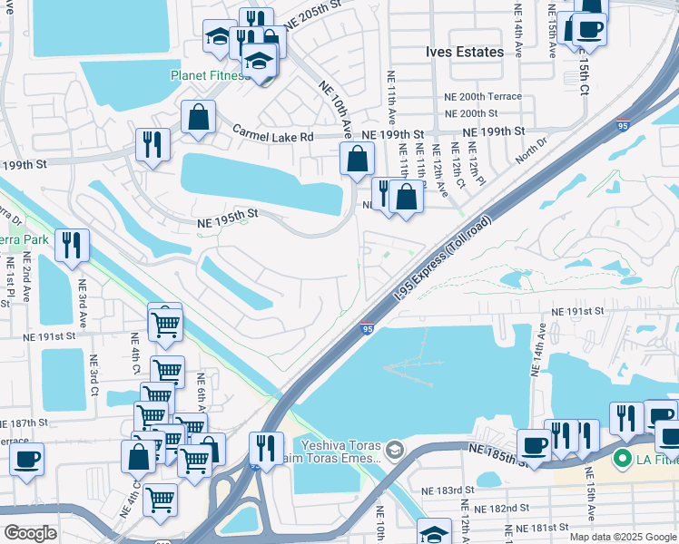 map of restaurants, bars, coffee shops, grocery stores, and more near 973 Northeast 193rd Terrace in Miami