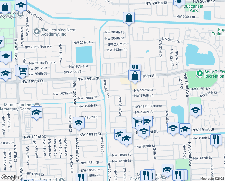 map of restaurants, bars, coffee shops, grocery stores, and more near 19700 Northwest 38th Place in Miami Gardens