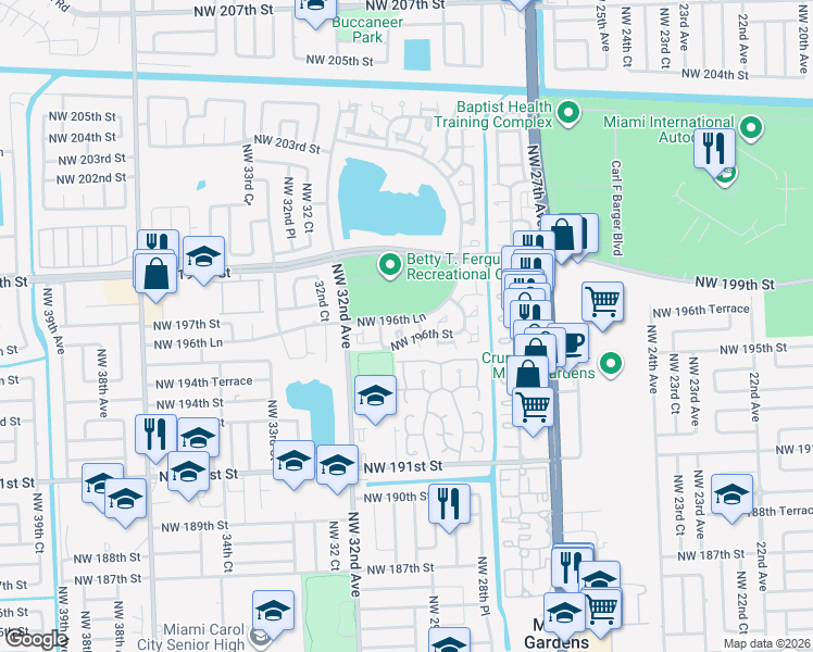 map of restaurants, bars, coffee shops, grocery stores, and more near 19623 Northwest 30th Place in Miami Gardens