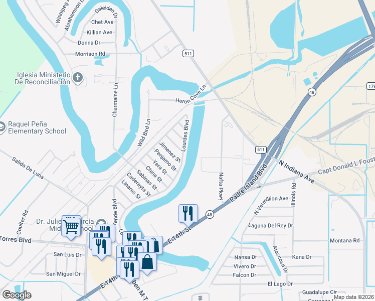 map of restaurants, bars, coffee shops, grocery stores, and more near 5960 Lourdes Boulevard in Brownsville