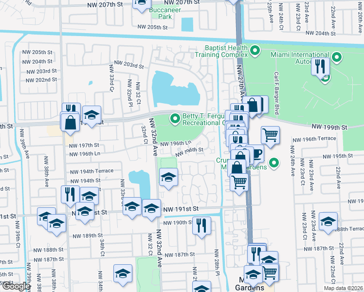 map of restaurants, bars, coffee shops, grocery stores, and more near 19623 Northwest 30th Place in Miami Gardens