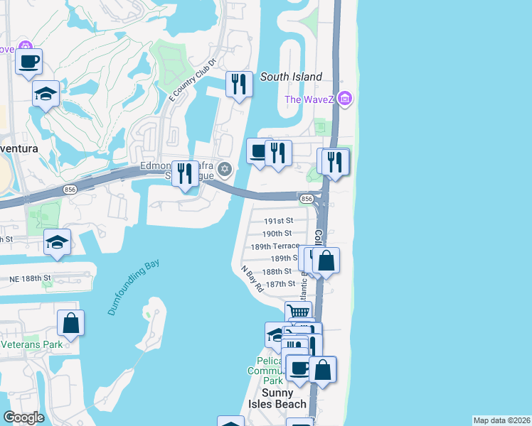 map of restaurants, bars, coffee shops, grocery stores, and more near 320 191st Terrace in Sunny Isles Beach