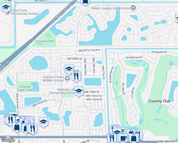 map of restaurants, bars, coffee shops, grocery stores, and more near 7852 Northwest 198th Court in Hialeah