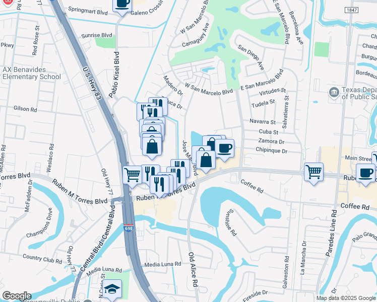 map of restaurants, bars, coffee shops, grocery stores, and more near 494 Jose Marti Boulevard in Brownsville