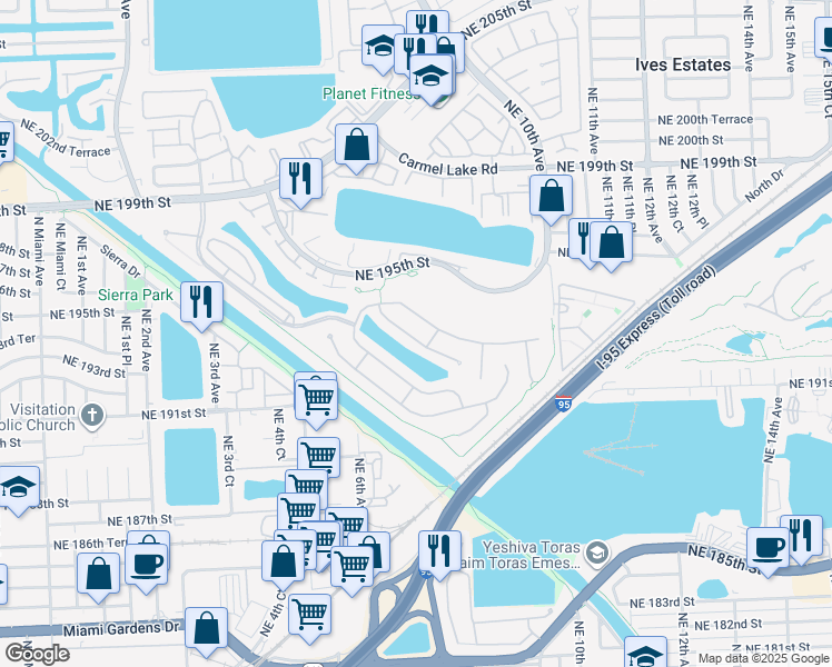 map of restaurants, bars, coffee shops, grocery stores, and more near 675 Northeast 193rd Street in Miami