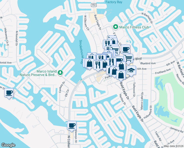 map of restaurants, bars, coffee shops, grocery stores, and more near 724 North Collier Boulevard in Marco Island