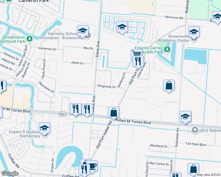 map of restaurants, bars, coffee shops, grocery stores, and more near 3522 Kingsway Drive in Brownsville
